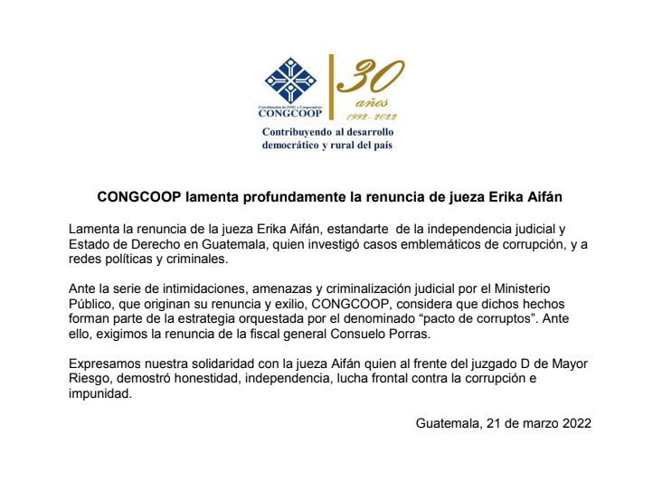 Congcoop e pronuncia ante la renuncia de Erika Aifán